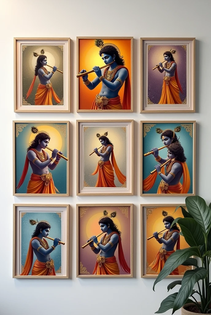 A bunch of krishna with flute in 9 white frames three a3 size and 6 a4 size mounted on the white wall for branding