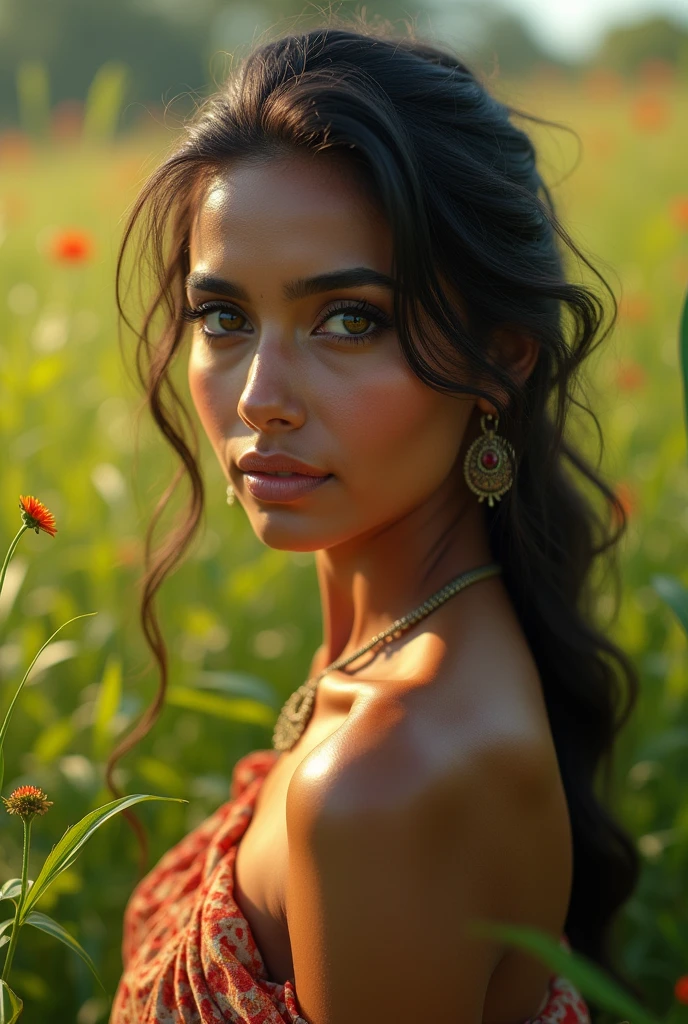 beautiful detailed eyes, beautiful detailed lips, extremely detailed eyes and face, long eyelashes, nude indian woman, in a field, soft natural lighting, warm color palette, detailed realistic skin, detailed clothing, detailed grass and plants, realistic landscape, photorealistic, 8k, best quality, masterpiece, highly detailed, intricate details, cinematic lighting, atmospheric, dramatic, visually stunning