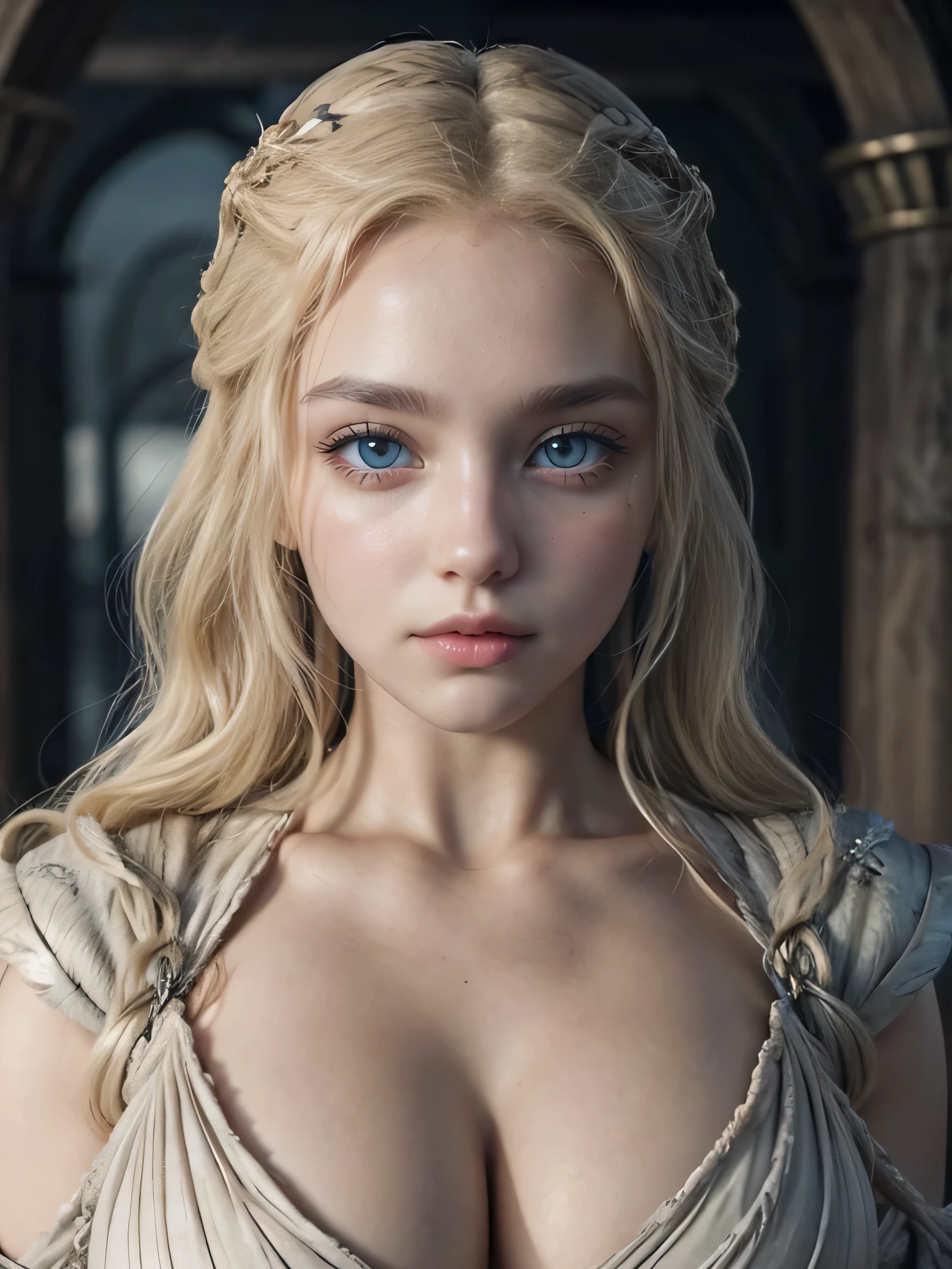 1 beautiful blonde girl, symmetrical face , ,,big breasts ,,((wearing Daenerys' winter outfit)) Blonde or long hair, curly and wavy, tied into a Daenerys hairstyle from Game of Thrones aerial style.. adorable masterpiece ((honey yellow eyes)) , very thick hourglass figure body,, looking at viewer showing cleavage,kneeling down