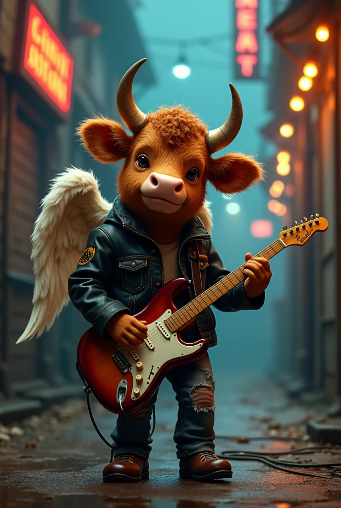 Angus type beef dressed as a young Angus guitarist