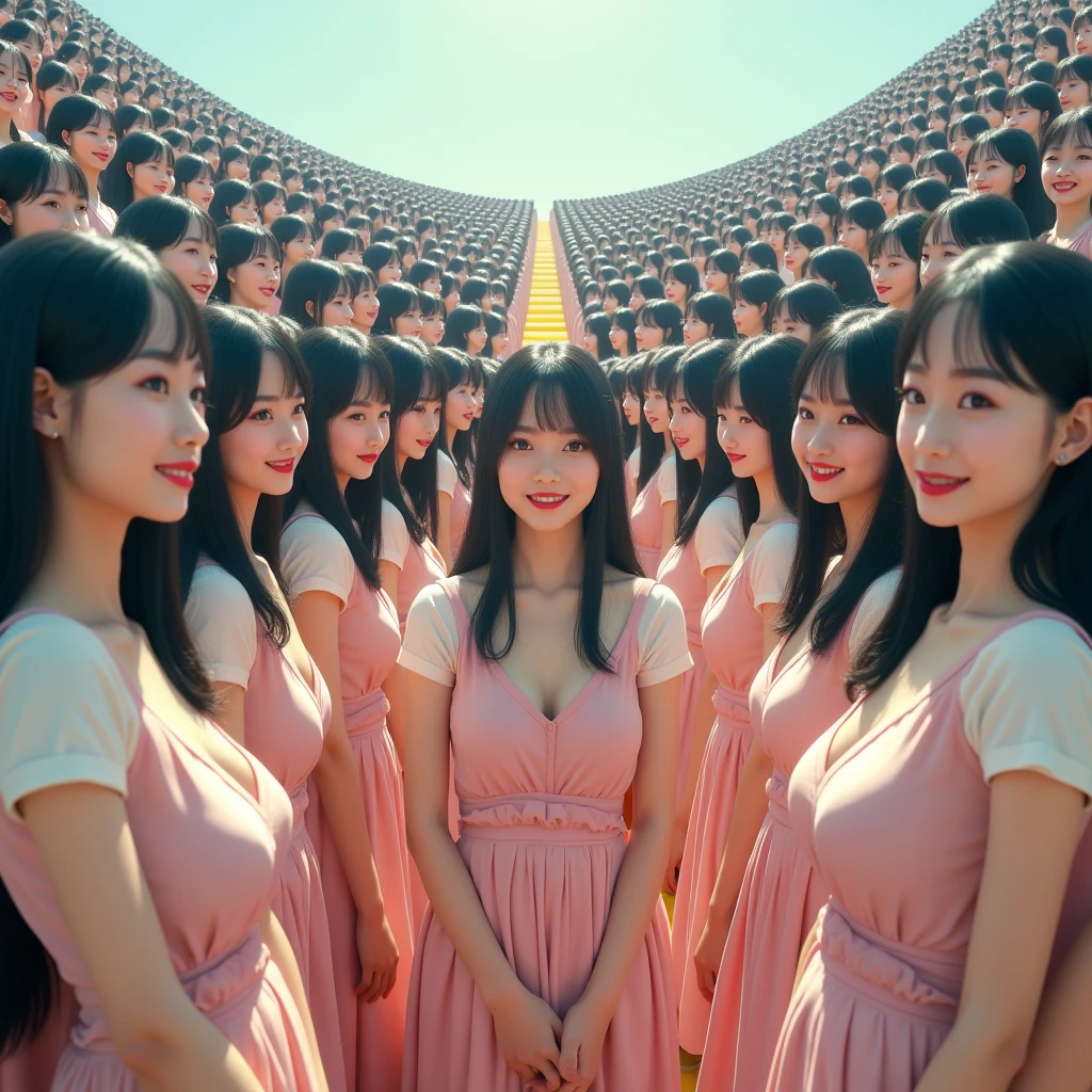 (((((Japanese Clone girls=Myself)))))), (((Best Super High quality Myself Clone girls Raw Photography Art))), (16K, Highest quality, Ultra-high resolution, RAW Photos), (((It's so unrealistic., With unparalleled depiction, With an unfathomable sight, An unprecedented and shocking worldview, Clone girls in a world of mass reproduction, Ultra-realistic))), (((Japanese, woman, 20yo, Saito-Asuka))), (Small face, ((Thick black hair, Semi-long hair))), ((V-neck short-sleeve dress)), (((((Very detailed美しい女体, Accurate body structure, Very detailed完璧な, Super busty body with very large breasts, Clearly emphasizes cleavage))))), (((Dark Eyes, Mature face, Cute Smile, A gentle gaze))), (((Her happy and smiling expression is so cute))), ((((((((Very detailed分身増殖描写, ((1girl→Myself cloning→1,000,000,000,000,000,000,000,000,000,000,000,000,000,000,000,000,000,000,000,000Myself Clone girls)))))))))), ((((((((Very detailed, The precise depiction of the proliferation of Myself Clone girls, ((With the perfectly identical bodies of Myself clone girls, With the exact same face as the Myself clone girls, With the exact same hairstyle as the Myself clone girls, In the exact same clothes as the girls who are my clones, Perfectly the same height as the Myself clone girls, Super big breasts, just like the Myself clone girls)))))))))), (((Myself clone girls only))), (((Multiple pairs, Very detailed depiction, (Myself clone girls hug each other, Myself clone girls assemble, Fun conversations with fellow Myself clone girls, A fun conversation between Myself clone girls, Myself clone girls holding hands, Walking with lots of Myself clone girls, turn around, look at me, The approaching crowd of Myself)))), (((Everyone looks at the camera))), (((Unbelievably crowded, Transcendent Myself clone girls intimately, Countless Myself clone girls surround you in 360 degrees))), (Bright, soft sunlight), (((Very wide field of view, Very detailed, Detailed ultra-perspective depiction with clear depth, super wide view))), (((((A landscape with a steeply curved slope))))), (((Very photographic and detailed depiction, Myself clone girls will multiply infinitely and fill the surroundings from one side to the horizon with their bodies tightly packed together without any gaps., A scene of endless Myself clone girls, giving a happy vibe.))), (Focus on the average value of the image)