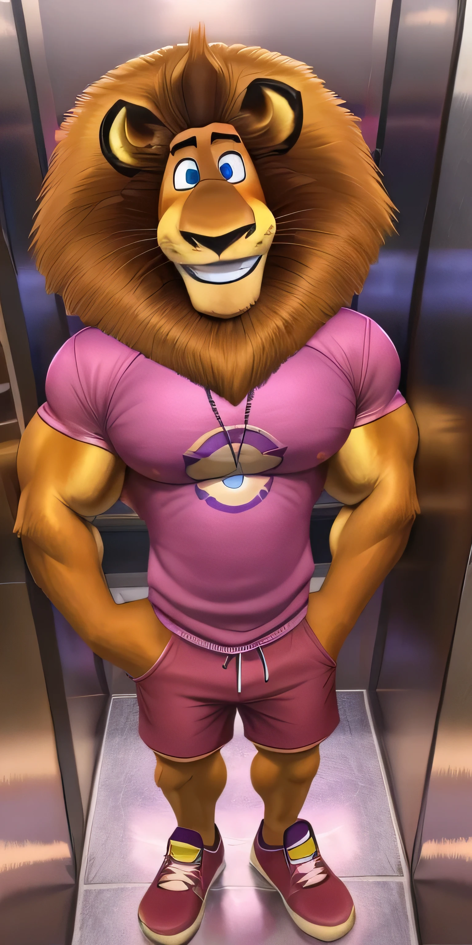 Alex the Lion, muscular body, big biceps, extremely beautiful and cute face, perfectly detailed blue eyes with perfectly detailed pupils, wears purple sweatshirt, pink cargo shorts, red sneakers, elevator background, selfie, friendly look, smile