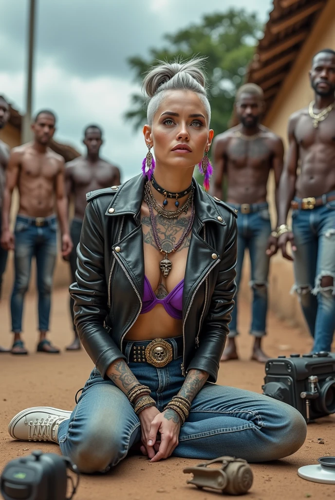 russian milf woman, grey hair (pouf, and top bun and shaved sides) and oversized square maxi sunglasses as headband, with very light blue eyes, extremely pale. Wearing aged black cropped moto jacket with padded shoulders with lots of zippers and pins; purple tight push up bra, skinny aged low rise blue jeans and dirty white tennis sneakers. Visible purple thong straps. Dirty knees and dusty hands. Lots of metallic bracelets, lots of boho pendants and lots of colourful beads collars. Tacky wide studded leather belt with oversized skull and bones buckle. Long boho earrings with colourful feathers. Kneeling like in a payer, looking up, chin up, stretching her neck , humble facial expression. Hands on her knees, showing off bracelets and rings. studded black leather tote bag with chains on the floor, next to her.. Listening in amazement to somebody speaking to her, well toned abdominals, thin neck, slim legs and thin arms. Tattoed heavily on chest and hands. Dirt street in Kenian village full of waste. A lot of tanned shirtless fat men in jeans around looking at her. next to her, all her belongings scattered on the floor: makeup kit, little makeup mirror, studded black leather tote bag, lipstick, wallet, moble etc on the floor