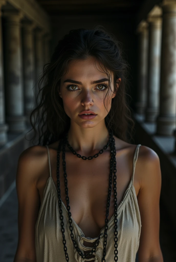 female slaves, extremely detailed face and eyes, large expressive eyes, beautiful detailed lips, long eyelashes, delicate facial features, expression of fear and desperation, chained wrists, tattered clothes, slave market stall, ancient roman architecture, stone pillars, dimly lit interior, dramatic lighting, muted color palette, realistic rendering, cinematic composition, masterpiece, (best quality,8k,highres,masterpiece:1.2),ultra-detailed,(realistic,photorealistic,photo-realistic:1.37)