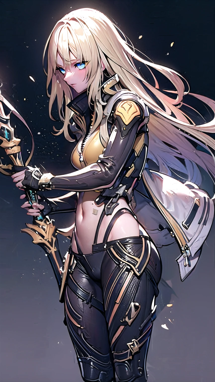 Elena from star ocean 6, long yellow hair in loose sheaf, sapphire blue eyes, skin tight ultra-low-rise leather pants, fitted yellow jacket 3/4 cropped, (black motorcycle boots), holding futuristic beam weapon, in various fighting poses, highly detailed face, intricately detailed hands, best hands, perfect, background of vivid cosmic swirls of color, 16k, masterpiece, award winning digital art, strong_negative