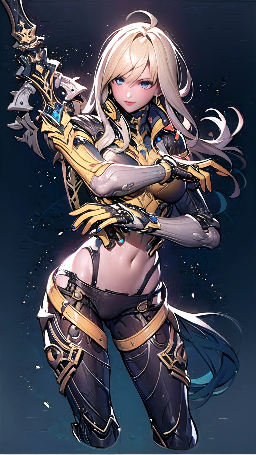 Elena from star ocean 6, long yellow hair in loose sheaf, sapphire blue eyes, skin tight ultra-low-rise leather pants, fitted yellow jacket 3/4 cropped, (black motorcycle boots), holding futuristic beam weapon, in various fighting poses, highly detailed face, intricately detailed hands, best hands, perfect, background of vivid cosmic swirls of color, 16k, masterpiece, award winning digital art, strong_negative