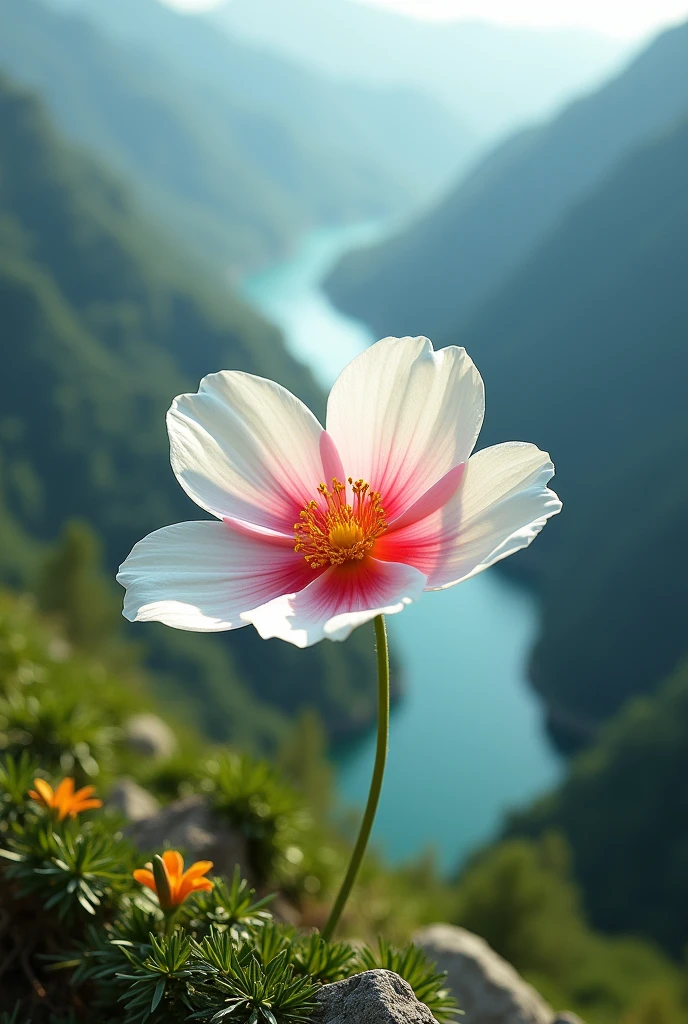 White flower with pink center and orange edges, on a mountain near a river
