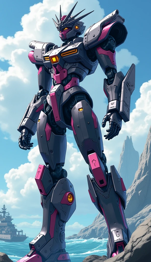 Anime Style, Giant humanoid robot, A full-body image of a female super robot in black, white and pink, resembling Poseidon universe, Battleship,
