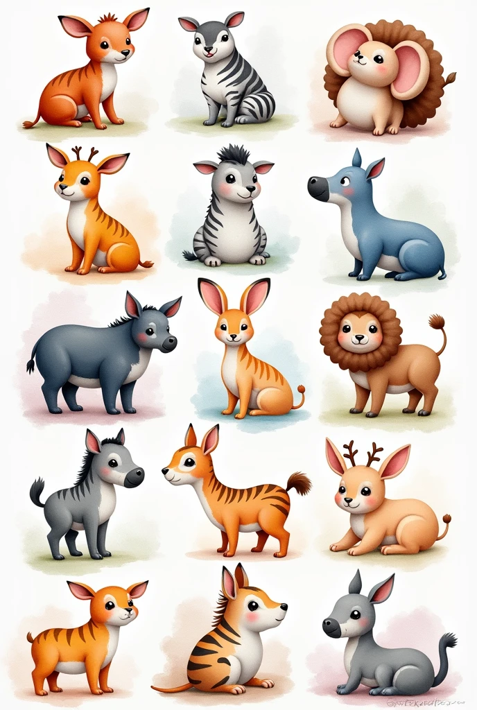 Animals in alphabetical order in Portuguese in watercolor