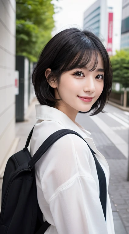 Happy smile seeing this、In the city、(Highest quality,8K quality,masterpiece:1.3,),(Ultra-high resolution:1.3,Realistic:1.4,RAW Photos:1.2),(Very detailed:1.2,Glowing Skin,Detailed skin:1.1),(Detailed face,Perfect Anatomy,Caustics:1.2),,1 person,cute,Japanese,1,Japanese Ido,Black Hair, [(Black Hairからブロンドヘアーへのグラデーションヘア:1.4):0.4], Medium Hair,Curl short hair outward,cute目,Natural Makeup,bright casual clothes,Laughter,Looking into the camera,On the face,Face Focus,Professional Lighting,Natural soft light,
