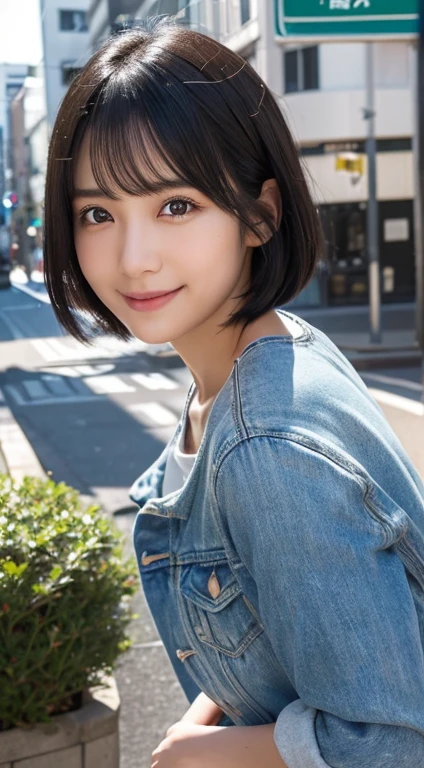 Happy smile seeing this、In the city、(Highest quality,8K quality,masterpiece:1.3,),(Ultra-high resolution:1.3,Realistic:1.4,RAW Photos:1.2),(Very detailed:1.2,Glowing Skin,Detailed skin:1.1),(Detailed face,Perfect Anatomy,Caustics:1.2),,1 person,cute,Japanese,1,Japanese Ido,Black Hair, [(Black Hairからブロンドヘアーへのグラデーションヘア:1.4):0.4], Medium Hair,Curl short hair outward,cute目,Natural Makeup,bright casual clothes,Laughter,Looking into the camera,On the face,Face Focus,Professional Lighting,Natural soft light,