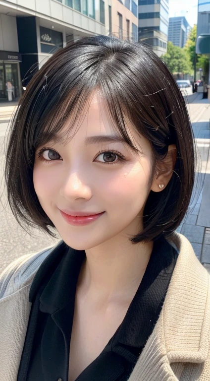 Happy smile seeing this、In the city、(Highest quality,8K quality,masterpiece:1.3,),(Ultra-high resolution:1.3,Realistic:1.4,RAW Photos:1.2),(Very detailed:1.2,Glowing Skin,Detailed skin:1.1),(Detailed face,Perfect Anatomy,Caustics:1.2),,1 person,cute,Japanese,1,Japanese Ido,Black Hair, [(Black Hairからブロンドヘアーへのグラデーションヘア:1.4):0.4], Medium Hair,Curl short hair outward,cute目,Natural Makeup,bright casual clothes,Laughter,Looking into the camera,On the face,Face Focus,Professional Lighting,Natural soft light,