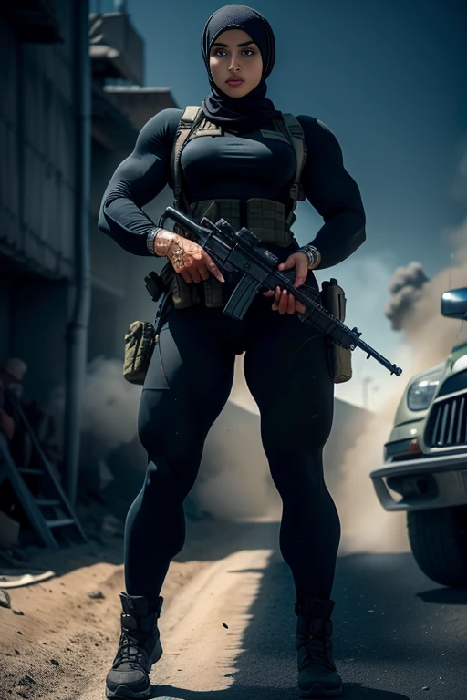 Photorealistic, high resolution, 1 malay woman in hijab, Solo, Hips up, Gaza background,view the viewer, (Detailed face), White hijab, SWAT vests, sniper rifle handle, Black military uniform, bulletproof vest, Holding an assault rifle, M16, Inside the city of Palestine, Very detailed, Perfect face, Black eye, jewelry, (full body view)