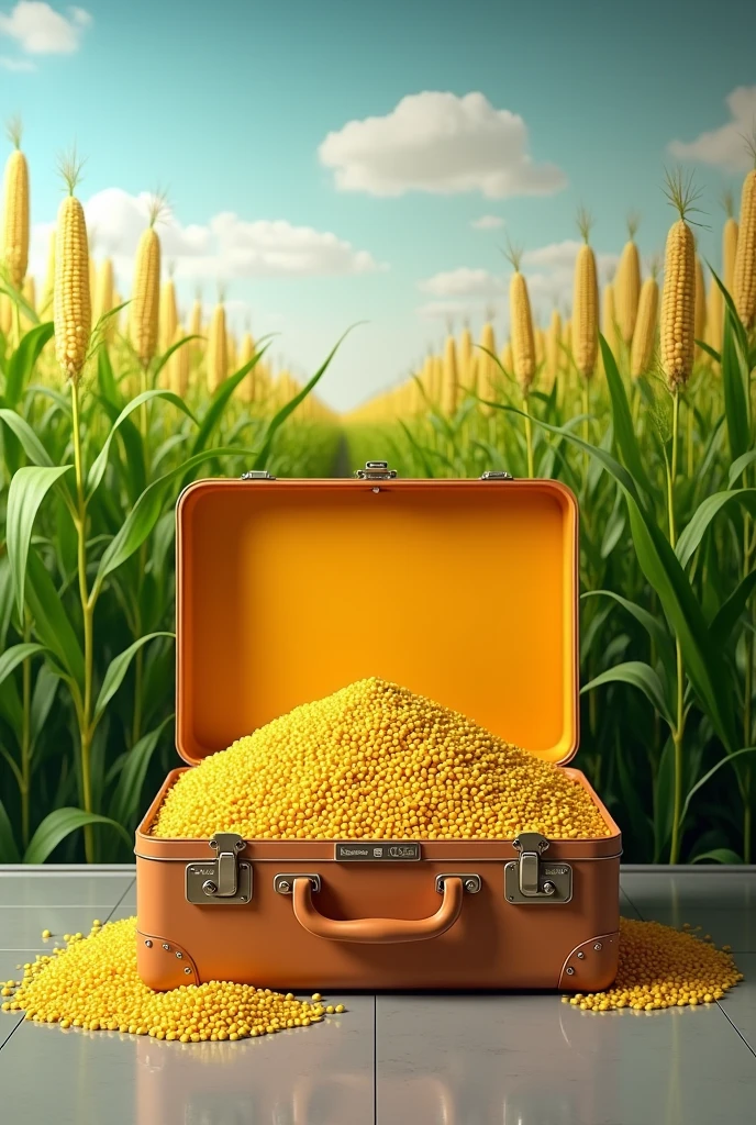 Create a creative and disruptive image to promote gluten-free corn flours, The billboard will be placed in an airport terminal to welcome travelers to their destination., The image must contain an open suitcase containing corn and the display of flour packaging., The suitcase will be located on a green cornfield background that covers the entire image 