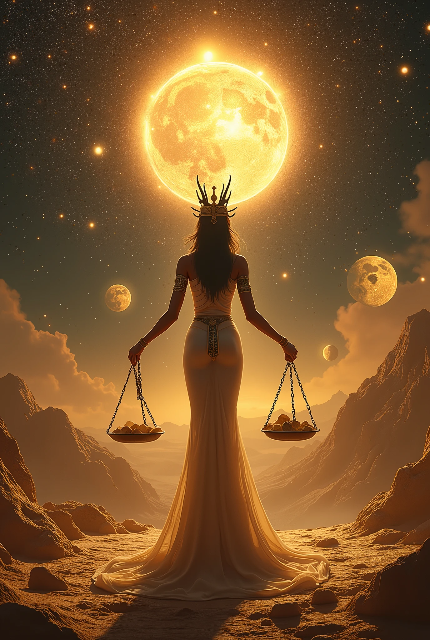 Create an ultra-realistic image representing the concept of universal balance in Egyptian mythology. The scene should depict Ma'at, the goddess of truth, justice, and cosmic order, standing at the center of the universe. Surround her with a vast, star-filled cosmos, where celestial bodies align perfectly. On one side, show Ra, the sun god, guiding the sun across the sky in his solar barque, and on the other side, depict Osiris, the god of the afterlife, overseeing the judgment of souls. The scales of Ma'at should be prominently featured, delicately balancing the forces of light and darkness, life and death. Include detailed hieroglyphs and symbols of eternity, with the entire scene bathed in a harmonious, golden light that represents the divine order and stability of the universe.