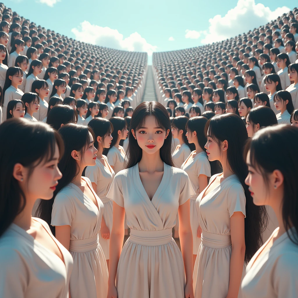 (((((Japanese Clone girls=Myself)))))), (((Best Super High quality Myself Clone girls Raw Photography Art))), (16K, Highest quality, Ultra-high resolution, RAW Photos), (((It's so unrealistic., With unparalleled depiction, With an unfathomable sight, An unprecedented and shocking worldview, Clone girls in a world of mass reproduction, Ultra-realistic))), (((Japanese, woman, 20yo, Saito-Asuka))), (Small face, ((Thick black hair, Semi-long hair))), ((V-neck short-sleeve dress)), (((((Very detailed美しい女体, Accurate body structure, Very detailed完璧な, Super busty body with very large breasts, Clearly emphasizes cleavage))))), (((Dark Eyes, Mature face, Cute Smile, A gentle gaze))), (((Her happy and smiling expression is so cute))), ((((((((Very detailed分身増殖描写, ((1girl→Myself cloning→1,000,000,000,000,000,000,000,000,000,000,000,000,000,000,000,000,000,000,000,000Myself Clone girls)))))))))), ((((((((Very detailed, The precise depiction of the proliferation of Myself Clone girls, ((With the perfectly identical bodies of Myself clone girls, With the exact same face as the Myself clone girls, With the exact same hairstyle as the Myself clone girls, In the exact same clothes as the girls who are my clones, Perfectly the same height as the Myself clone girls, Super big breasts, just like the Myself clone girls)))))))))), (((Myself clone girls only))), (((Multiple pairs, Very detailed depiction, (Myself clone girls hug each other, Myself clone girls assemble, Fun conversations with fellow Myself clone girls, A fun conversation between Myself clone girls, Myself clone girls holding hands, Walking with lots of Myself clone girls, turn around, look at me, The approaching crowd of Myself)))), (((Everyone looks at the camera))), (((Unbelievably crowded, Transcendent Myself clone girls intimately, Countless Myself clone girls surround you in 360 degrees))), (Bright, soft sunlight), (((Very wide field of view, Very detailed, Detailed ultra-perspective depiction with clear depth, super wide view))), (((((A landscape with a steeply curved slope))))), (((Very photographic and detailed depiction, Myself clone girls will multiply infinitely and fill the surroundings from one side to the horizon with their bodies tightly packed together without any gaps., A scene of endless Myself clone girls, giving a happy vibe.))), (Focus on the average value of the image)