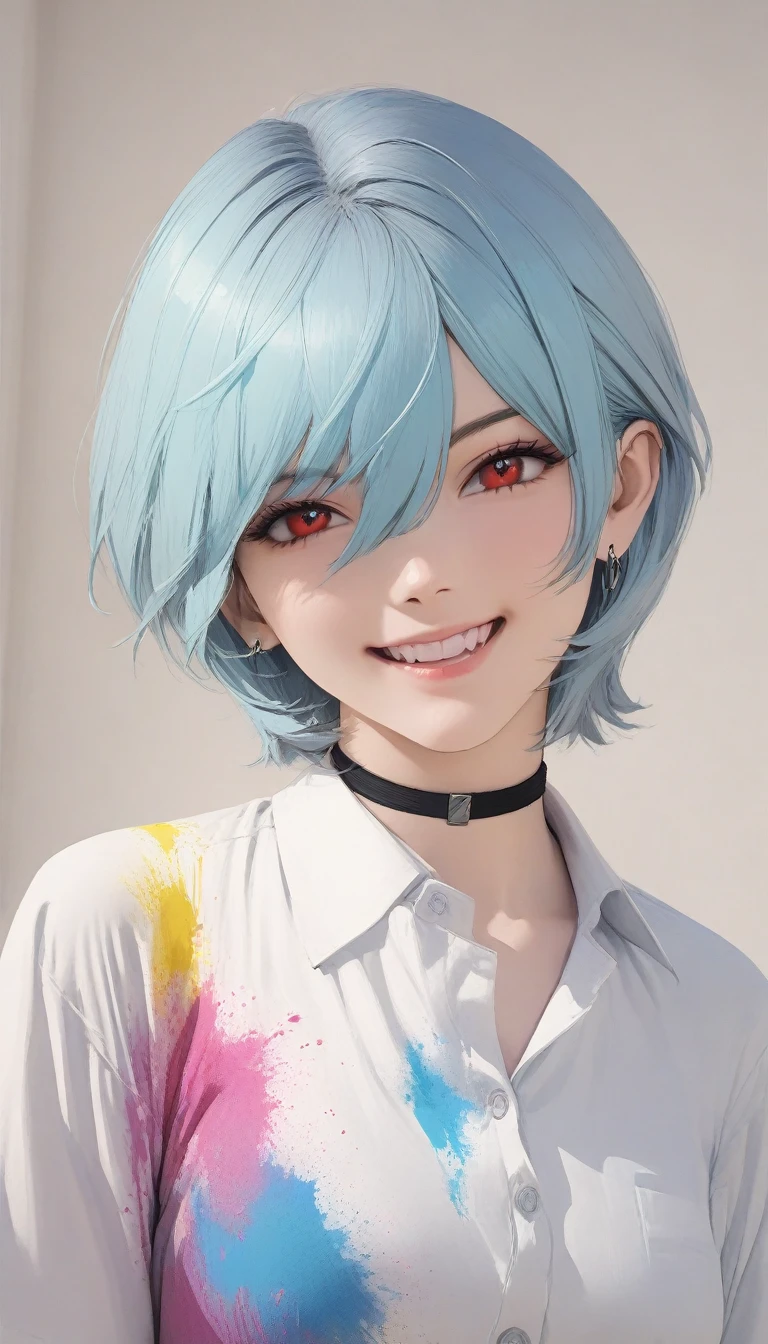 A masterpiece portrait of smiling Rei Ayanami (Evangelion), Evangelion (Hideaki), Caustics, High resolution illustrations, Red eyes, feminine, No students, Blue Hair,  short hair, Japanese School Uniform, loafers, Spank, Synthwave, paint Splashs, Shaded flat illustration, Digital Art, Trending on Art Station, Very detailed, The finer details, Complex, Splash, Overtake, Vaporware, Neon color