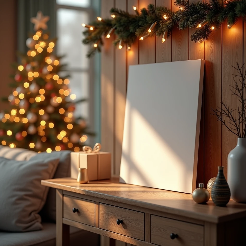 An ultra-realistic Christmas living room bathed in warm ambient light. A blank DIN A-sized white-framed canvas leans against the wall on a wooden console, reflecting the soft glow of Christmas lights. The room is filled with festive decor, including a beautifully lit Christmas tree, garlands, and cozy cushions. Shadows and light play across the blank canvas, giving it depth and realism. Every detail, from the texture of the wood to the delicate reflections on the ornaments, is captured with stunning clarity, creating a serene and festive atmosphere