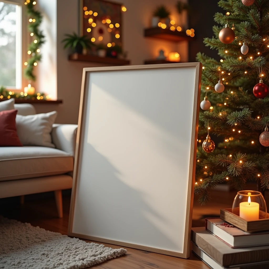 An ultra-realistic Christmas living room bathed in warm ambient light. A blank DIN A-sized white-framed canvas leans against the wall on a wooden console, reflecting the soft glow of Christmas lights. The room is filled with festive decor, including a beautifully lit Christmas tree, garlands, and cozy cushions. Shadows and light play across the blank canvas, giving it depth and realism. Every detail, from the texture of the wood to the delicate reflections on the ornaments, is captured with stunning clarity, creating a serene and festive atmosphere