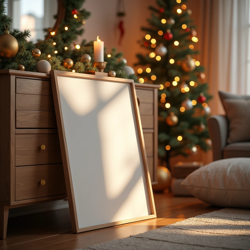 An ultra-realistic Christmas living room bathed in warm ambient light. A blank DIN A-sized white-framed canvas leans against the wall on a wooden console, reflecting the soft glow of Christmas lights. The room is filled with festive decor, including a beautifully lit Christmas tree, garlands, and cozy cushions. Shadows and light play across the blank canvas, giving it depth and realism. Every detail, from the texture of the wood to the delicate reflections on the ornaments, is captured with stunning clarity, creating a serene and festive atmosphere