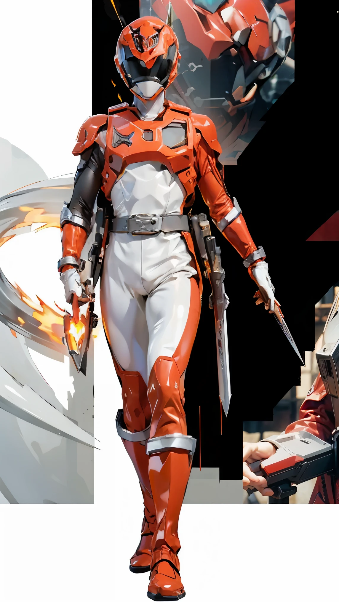 1 boy, white, full body, illustration, Cinema-grade lighting, high resolution, best quality, very detailed, Masterpiece, power suit, Power Rangers, suit, speed, (silver royal guard ranger suit), Gold Details, holding white pistol, flow, Light armor,  martial arts, dynamic, flame, particle