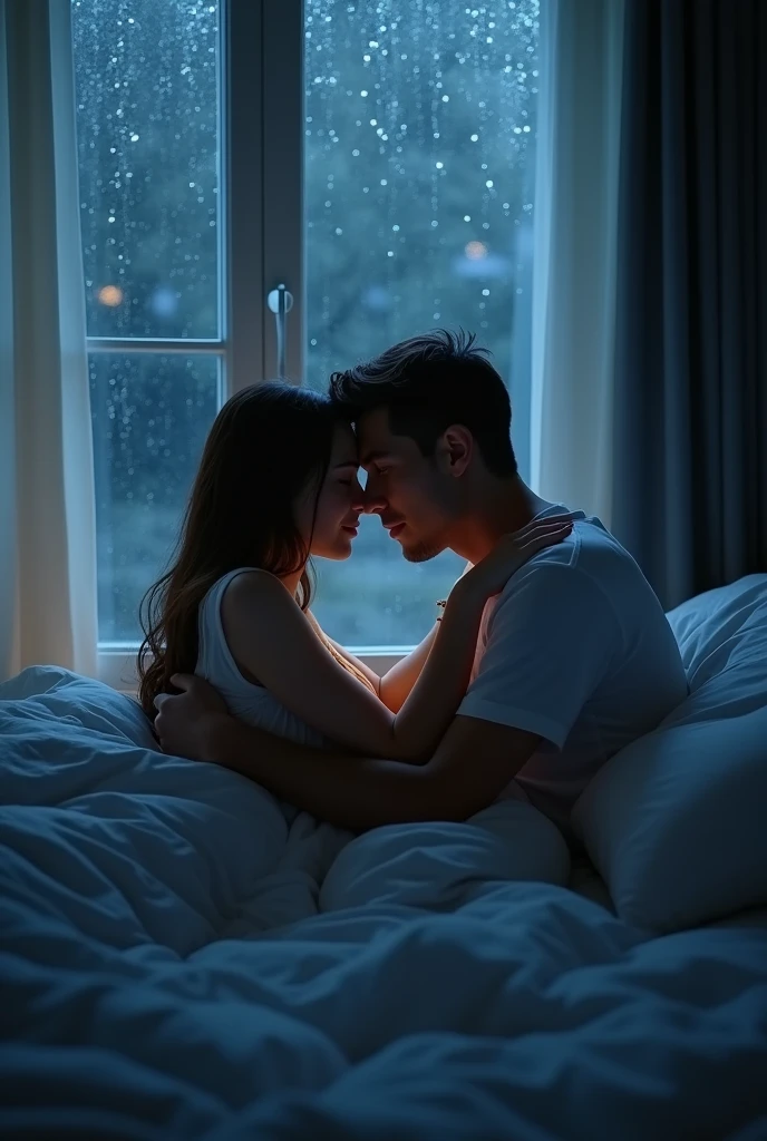 Man and woman on bed while it rains and droplets on the window comfy cozy low lighting blue and warm