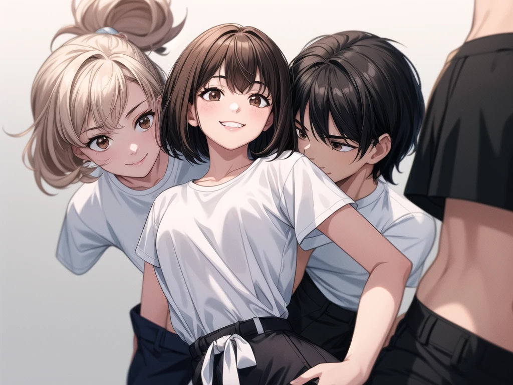 Only one 17 years girl with black short hair ,and brown eyes, and white t-shirt with no logo or no text, and black pants with no belt. The white t-shirt is not in the pants. she is smiling and looking at me. background is plain white. upper body.