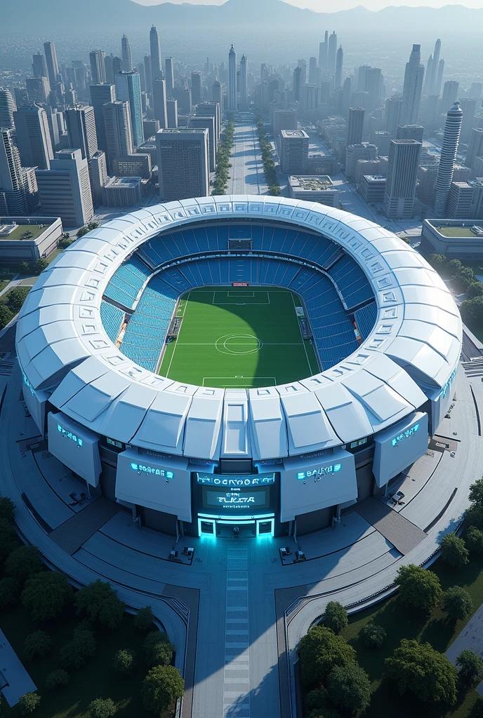 El Salvador&#39;s futuristic football stadium seen from above, with white and blue robotic theme 