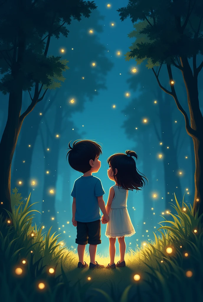 Boy and girl watching fire flies at night in a forest boy is wearing blue T shirt black full pants and the girl is wearing short white sleeveless jumpsuit 