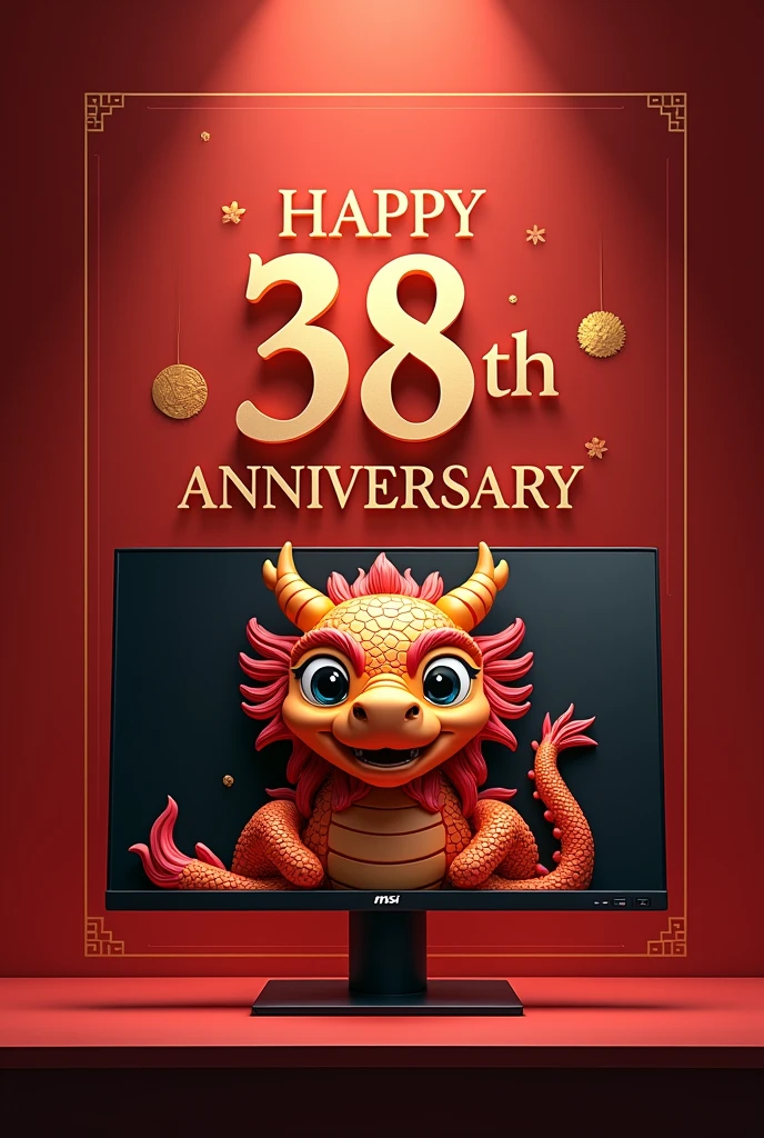 Generate a MSI anniversary card saying " happy 38 anniversary" featuring MSI Lucky dragon and MSI monitor