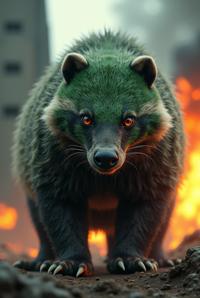 Last stand feral badger green black fur red eyes. Fire in background, focus on european badger, friendly badger, bunker in background, 45° top down pov