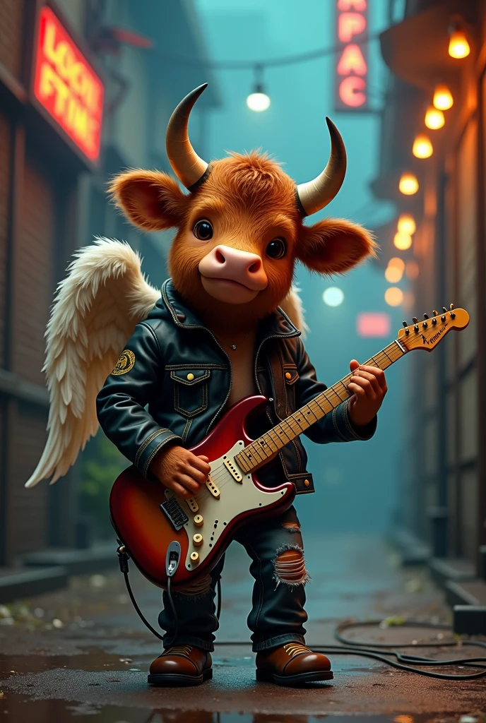 Angus type beef dressed as a young Angus guitarist