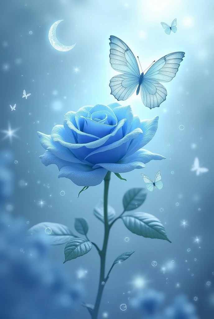 a scene featuring a delicate blu rose, surrounded by a transparent, ethereal butterfly and other translucent elements like crescent moons and small floating butterflies. The entire composition will have a surreal, crystalline look, with a soft, luminous glow and a light background.