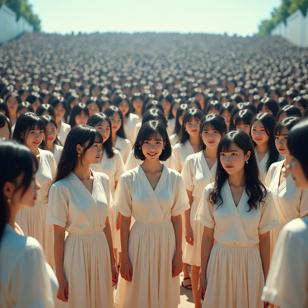 (((((Japanese Clone girls=Myself)))))), (((Best Super High quality Myself Clone girls Raw Photography Art))), (16K, Highest quality, Ultra-high resolution, RAW Photos), (((It's so unrealistic., With unparalleled depiction, With an unfathomable sight, An unprecedented and shocking worldview, Clone girls in a world of mass reproduction, Ultra-realistic))), (((Japanese, woman, 20yo, Saito-Asuka))), (Small face, ((Thick black hair, Semi-long hair))), ((V-neck short-sleeve dress)), (((((Very detailed美しい女体, Accurate body structure, Very detailed完璧な, Super busty body with very large breasts, Clearly emphasizes cleavage))))), (((Dark Eyes, Mature face, Cute Smile, A gentle gaze))), (((Her happy and smiling expression is so cute))), ((((((((Very detailed分身増殖描写, ((1girl→Myself cloning→1,000,000,000,000,000,000,000,000,000,000,000,000,000,000,000,000,000,000,000,000Myself Clone girls)))))))))), ((((((((Very detailed, The precise depiction of the proliferation of Myself Clone girls, ((With the perfectly identical bodies of Myself clone girls, With the exact same face as the Myself clone girls, With the exact same hairstyle as the Myself clone girls, In the exact same clothes as the girls who are my clones, Perfectly the same height as the Myself clone girls, Super big breasts, just like the Myself clone girls)))))))))), (((Myself clone girls only))), (((Multiple pairs, Very detailed depiction, (Myself clone girls hug each other, Myself clone girls assemble, Fun conversations with fellow Myself clone girls, A fun conversation between Myself clone girls, Myself clone girls holding hands, Walking with lots of Myself clone girls, turn around, look at me, The approaching crowd of Myself)))), (((Everyone looks at the camera))), (((Unbelievably crowded, Transcendent Myself clone girls intimately, Countless Myself clone girls surround you in 360 degrees))), (Bright, soft sunlight), (((Very wide field of view, Very detailed, Detailed ultra-perspective depiction with clear depth, super wide view))), (((((A landscape with a steeply curved slope))))), (((Very photographic and detailed depiction, Myself clone girls will multiply infinitely and fill the surroundings from one side to the horizon with their bodies tightly packed together without any gaps., A scene of endless Myself clone girls, giving a happy vibe.))), (Focus on the average value of the image)