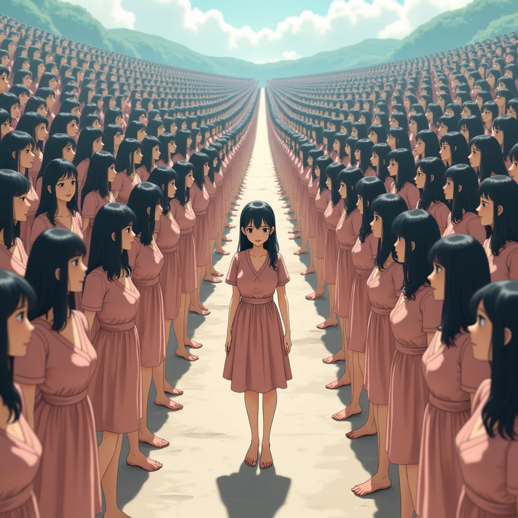 (((((Japanese Clone girls=Myself)))))), (((Best Super High quality Myself Clone girls Raw Photography Art))), (16K, Highest quality, Ultra-high resolution, RAW Photos), (((It's so unrealistic., With unparalleled depiction, With an unfathomable sight, An unprecedented and shocking worldview, Clone girls in a world of mass reproduction, Ultra-realistic))), (((Japanese, woman, 20yo, Saito-Asuka))), (Small face, ((Thick black hair, Semi-long hair))), ((V-neck short-sleeve dress)), (((((Very detailed美しい女体, Accurate body structure, Very detailed完璧な, Super busty body with very large breasts, Clearly emphasizes cleavage))))), (((Dark Eyes, Mature face, Cute Smile, A gentle gaze))), (((Her happy and smiling expression is so cute))), ((((((((Very detailed分身増殖描写, ((1girl→Myself cloning→1,000,000,000,000,000,000,000,000,000,000,000,000,000,000,000,000,000,000,000,000Myself Clone girls)))))))))), ((((((((Very detailed, The precise depiction of the proliferation of Myself Clone girls, ((With the perfectly identical bodies of Myself clone girls, With the exact same face as the Myself clone girls, With the exact same hairstyle as the Myself clone girls, In the exact same clothes as the girls who are my clones, Perfectly the same height as the Myself clone girls, Super big breasts, just like the Myself clone girls)))))))))), (((Myself clone girls only))), (((Multiple pairs, Very detailed depiction, (Myself clone girls hug each other, Myself clone girls assemble, Fun conversations with fellow Myself clone girls, A fun conversation between Myself clone girls, Myself clone girls holding hands, Walking with lots of Myself clone girls, turn around, look at me, The approaching crowd of Myself)))), (((Everyone looks at the camera))), (((Unbelievably crowded, Transcendent Myself clone girls intimately, Countless Myself clone girls surround you in 360 degrees))), (Bright, soft sunlight), (((Very wide field of view, Very detailed, Detailed ultra-perspective depiction with clear depth, super wide view))), (((((A landscape with a steeply curved slope))))), (((Very photographic and detailed depiction, Myself clone girls will multiply infinitely and fill the surroundings from one side to the horizon with their bodies tightly packed together without any gaps., A scene of endless Myself clone girls, giving a happy vibe.))), (Focus on the average value of the image)