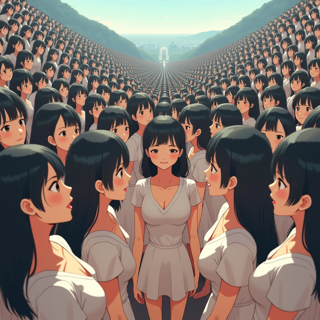 (((((Japanese Clone girls=Myself)))))), (((Best Super High quality Myself Clone girls Raw Photography Art))), (16K, Highest quality, Ultra-high resolution, RAW Photos), (((It's so unrealistic., With unparalleled depiction, With an unfathomable sight, An unprecedented and shocking worldview, Clone girls in a world of mass reproduction, Ultra-realistic))), (((Japanese, woman, 20yo, Saito-Asuka))), (Small face, ((Thick black hair, Semi-long hair))), ((V-neck short-sleeve dress)), (((((Very detailed美しい女体, Accurate body structure, Very detailed完璧な, Super busty body with very large breasts, Clearly emphasizes cleavage))))), (((Dark Eyes, Mature face, Cute Smile, A gentle gaze))), (((Her happy and smiling expression is so cute))), ((((((((Very detailed分身増殖描写, ((1girl→Myself cloning→1,000,000,000,000,000,000,000,000,000,000,000,000,000,000,000,000,000,000,000,000Myself Clone girls)))))))))), ((((((((Very detailed, The precise depiction of the proliferation of Myself Clone girls, ((With the perfectly identical bodies of Myself clone girls, With the exact same face as the Myself clone girls, With the exact same hairstyle as the Myself clone girls, In the exact same clothes as the girls who are my clones, Perfectly the same height as the Myself clone girls, Super big breasts, just like the Myself clone girls)))))))))), (((Myself clone girls only))), (((Multiple pairs, Very detailed depiction, (Myself clone girls hug each other, Myself clone girls assemble, Fun conversations with fellow Myself clone girls, A fun conversation between Myself clone girls, Myself clone girls holding hands, Walking with lots of Myself clone girls, turn around, look at me, The approaching crowd of Myself)))), (((Everyone looks at the camera))), (((Unbelievably crowded, Transcendent Myself clone girls intimately, Countless Myself clone girls surround you in 360 degrees))), (Bright, soft sunlight), (((Very wide field of view, Very detailed, Detailed ultra-perspective depiction with clear depth, super wide view))), (((((A landscape with a steeply curved slope))))), (((Very photographic and detailed depiction, Myself clone girls will multiply infinitely and fill the surroundings from one side to the horizon with their bodies tightly packed together without any gaps., A scene of endless Myself clone girls, giving a happy vibe.))), (Focus on the average value of the image)