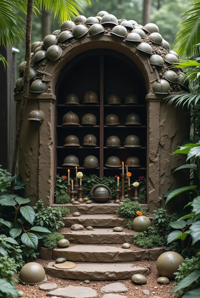 Altar of the dead made of soldiers&#39; helmets
