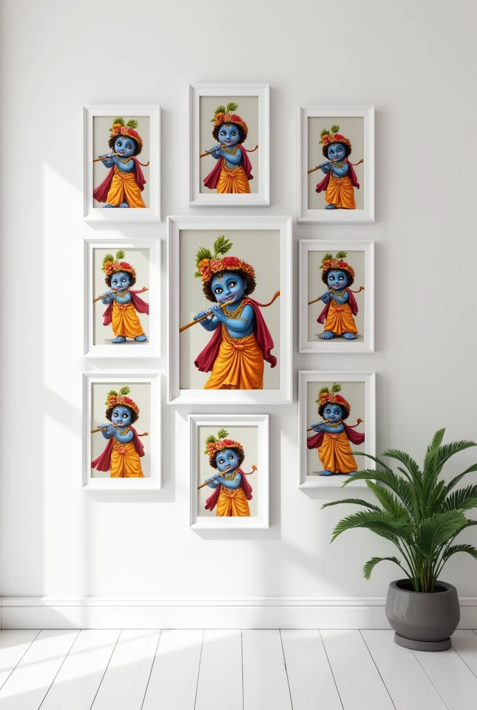 A bunch of krishna with flute in 9 white frames three a3 size and 6 a4 size mounted on the white wall for branding and wishing janmashtami