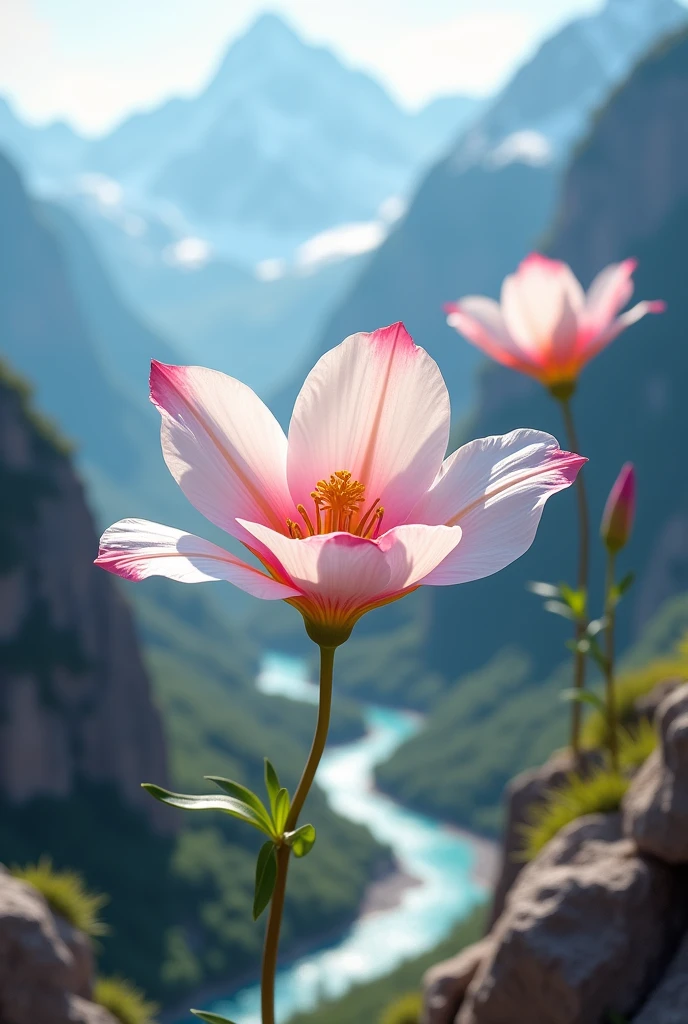 White flower with a pink center and orange edges on the petals, on a mountain near a river