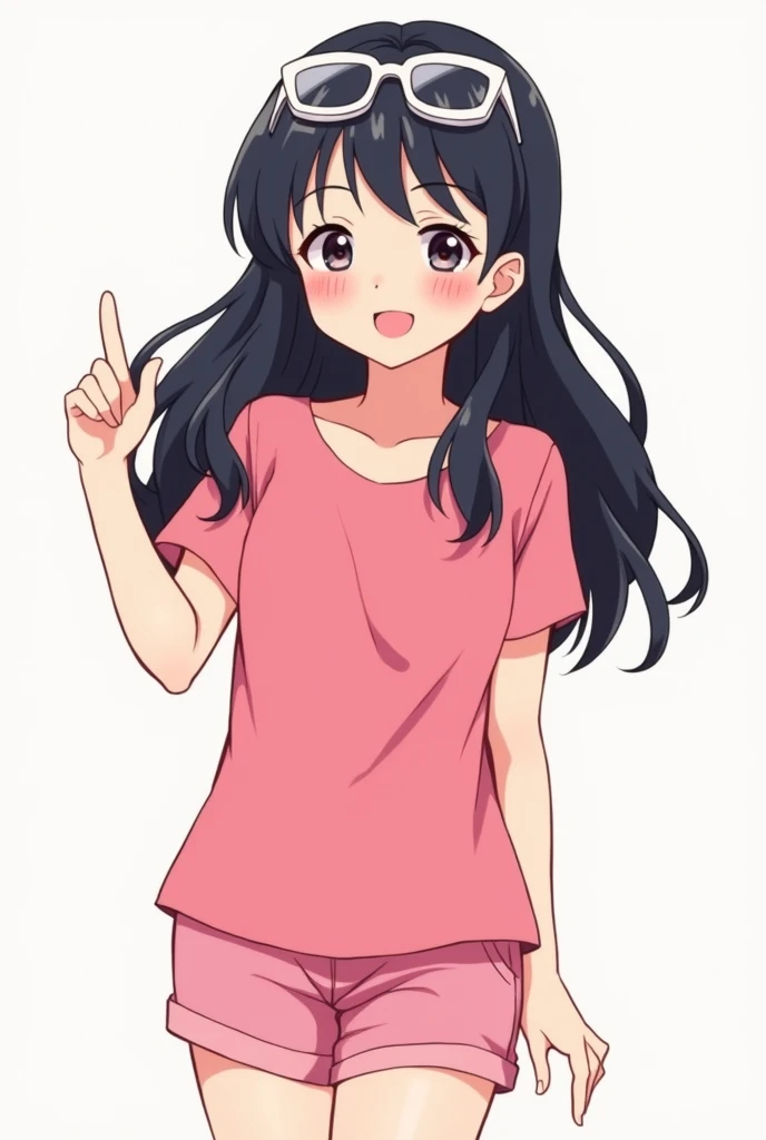 A happy blushing girl with long black hair wearing white glasses on her head wearing a pink top and pink shorts in anime style