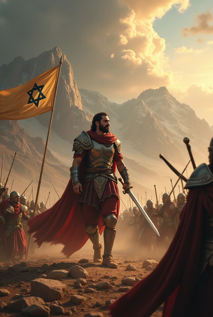 Create an epic depiction of King David leading his army into battle. Show David in action, demonstrating courage and leadership on the battlefield. The scene should capture the intensity and chaos of war, with soldiers in combat, swords and shields gleaming in the sunlight. Include details like the flag of Israel waving in the wind and David wielding his sword or bow. The setting should be dramatic, with mountains in the background and a sky filled with clouds, evoking the tense and heroic atmosphere of ancient biblical wars.