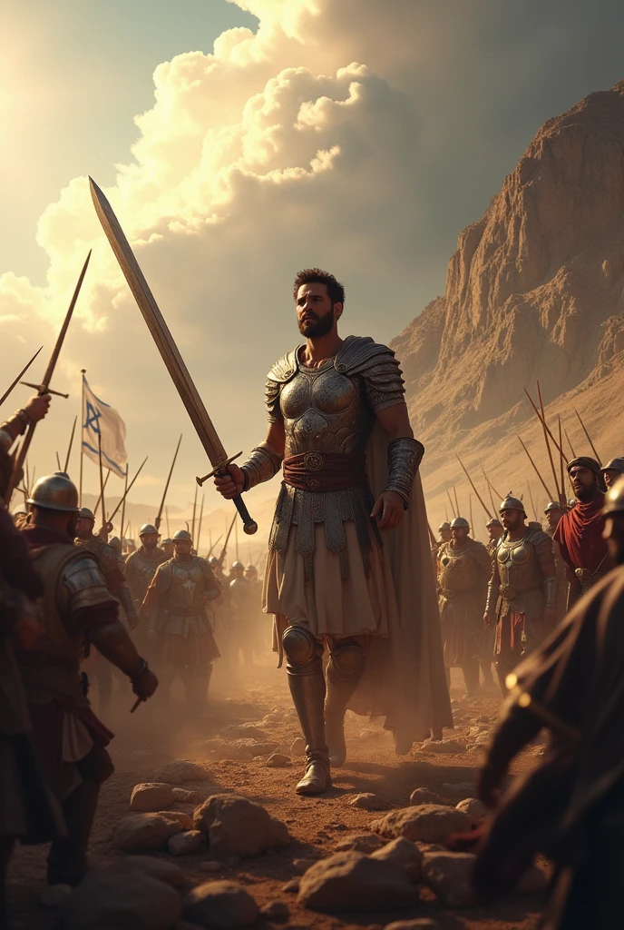 Create an epic depiction of King David leading his army into battle. Show David in action, demonstrating courage and leadership on the battlefield. The scene should capture the intensity and chaos of war, with soldiers in combat, swords and shields gleaming in the sunlight. Include details like the flag of Israel waving in the wind and David wielding his sword or bow. The setting should be dramatic, with mountains in the background and a sky filled with clouds, evoking the tense and heroic atmosphere of ancient biblical wars.