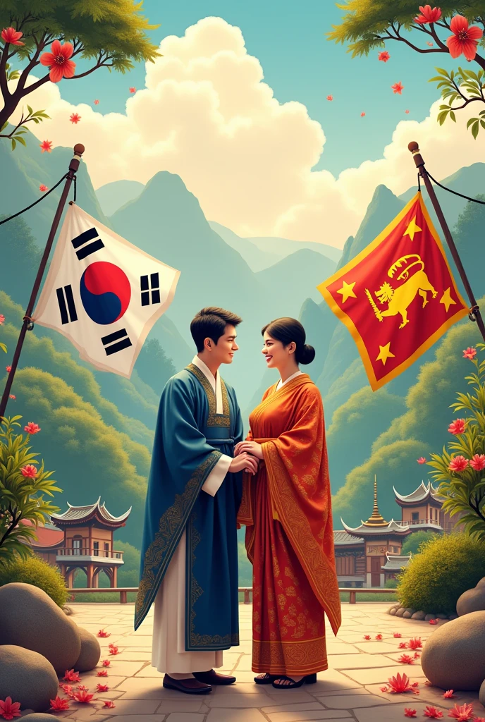 Make a cover photo for facebook with south korean flag and srilankan flag. Korean traditional culture and srilankan traditional culture 