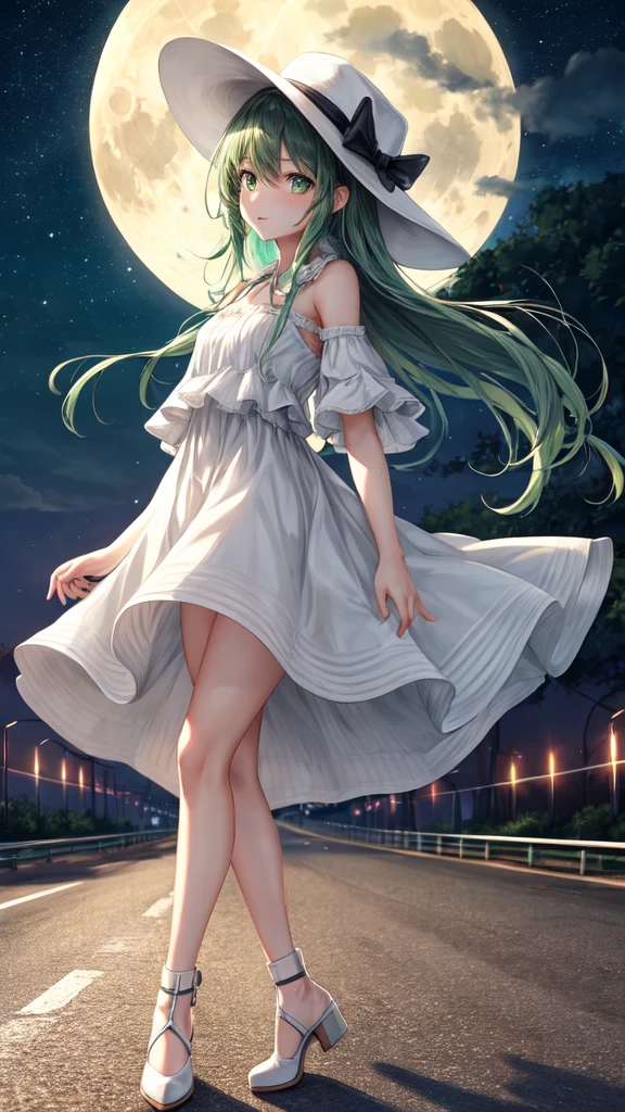 ultra quality, Women's, adult, ((HD quality)), full height, green eyes stand, Road, there are trees around,
road sign, night, full moon white dress, hat, shoes, Wind lift, it's confusing,