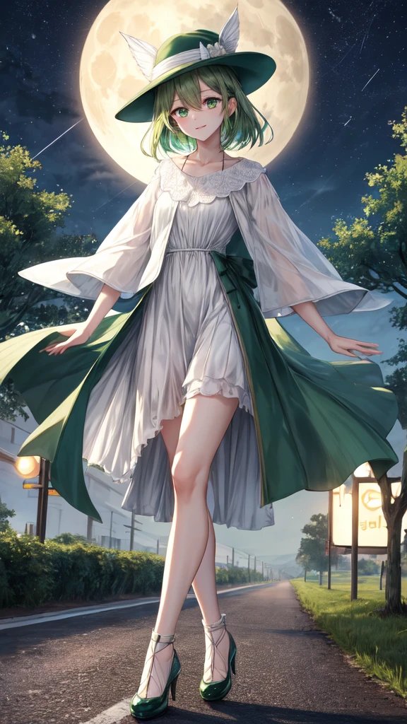 ultra quality, Women's, adult, ((HD quality)), full height, green eyes stand, Road, there are trees around, 
road sign, night, full moon white dress, hat, shoes, Wind lift, it&#39;s confusing, 