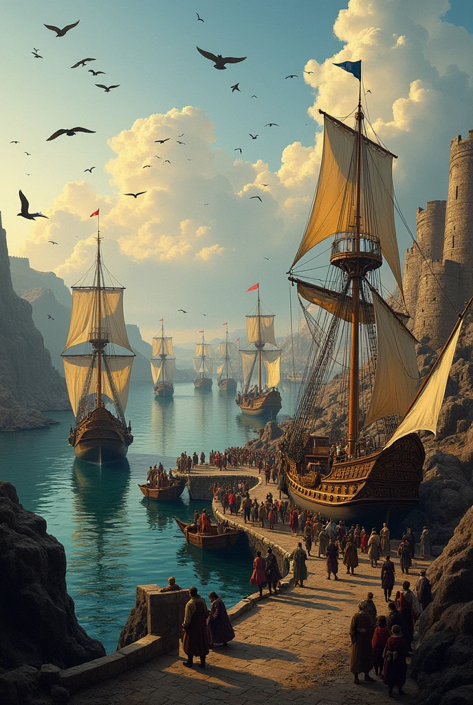 Port full of commercial ships, on a large hook-shaped coast, with a late afternoon sky full of birds, in a medieval time, in an oil painting style, under panoramic view.