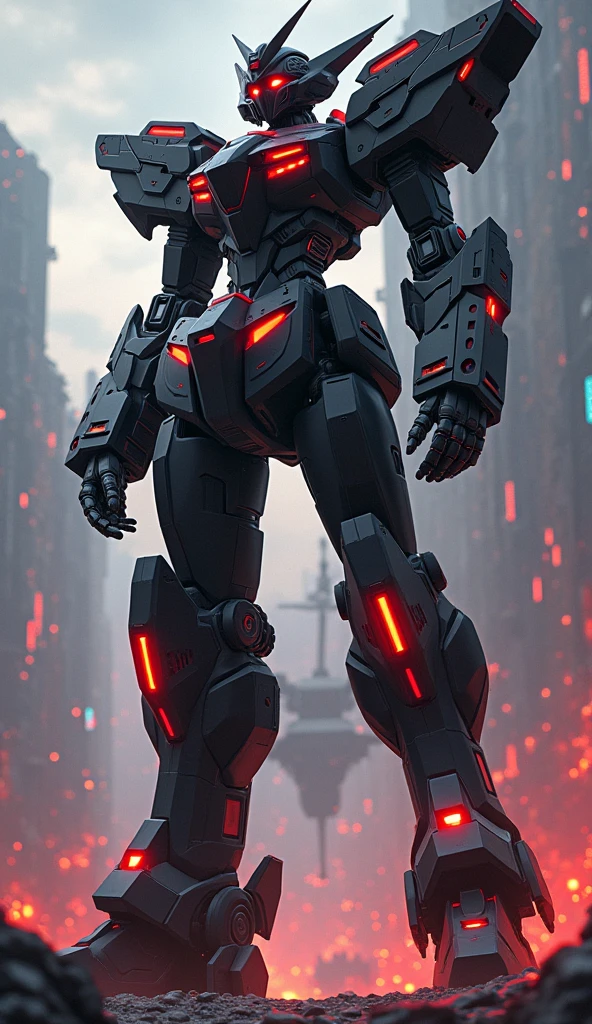 Anime Style, Giant Robot, A full-body image of a Hades-like black and red female super robot universe, Battleship,