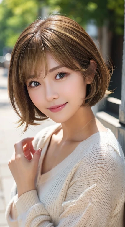 Happy smile seeing this、In the city、(Highest quality,8K quality,masterpiece:1.3,),(Ultra-high resolution:1.3,Realistic:1.4,RAW Photos:1.2),(Very detailed:1.2,Glowing Skin,Detailed skin:1.1),(Detailed face,Perfect Anatomy,Caustics:1.2),,1 person,cute,Japanese,1,Japanese Ido,brown hair, [(gradient hair from brown to blonde:1.4):0.4], medium hair,Curl short hair outward,cute目,Natural Makeup,bright casual clothes,Laughter,Looking into the camera,On the face,Face Focus,Professional Lighting,Natural soft light,