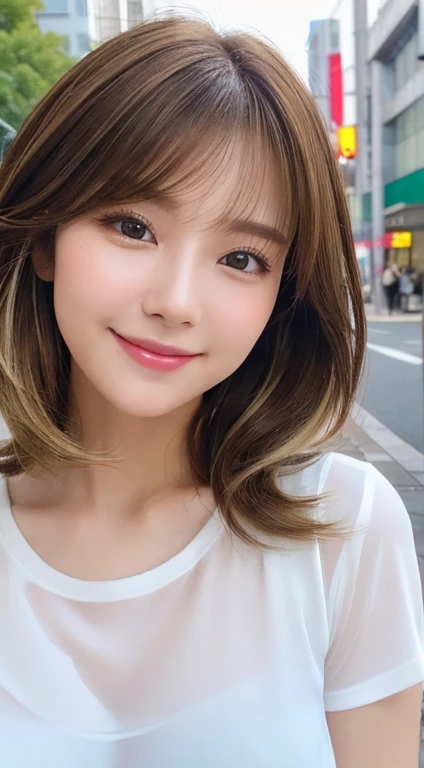 Happy smile seeing this、In the city、(Highest quality,8K quality,masterpiece:1.3,),(Ultra-high resolution:1.3,Realistic:1.4,RAW Photos:1.2),(Very detailed:1.2,Glowing Skin,Detailed skin:1.1),(Detailed face,Perfect Anatomy,Caustics:1.2),,1 person,cute,Japanese,1,Japanese Ido,brown hair, [(gradient hair from brown to blonde:1.4):0.4], medium hair,Curl short hair outward,cute目,Natural Makeup,bright casual clothes,Laughter,Looking into the camera,On the face,Face Focus,Professional Lighting,Natural soft light,