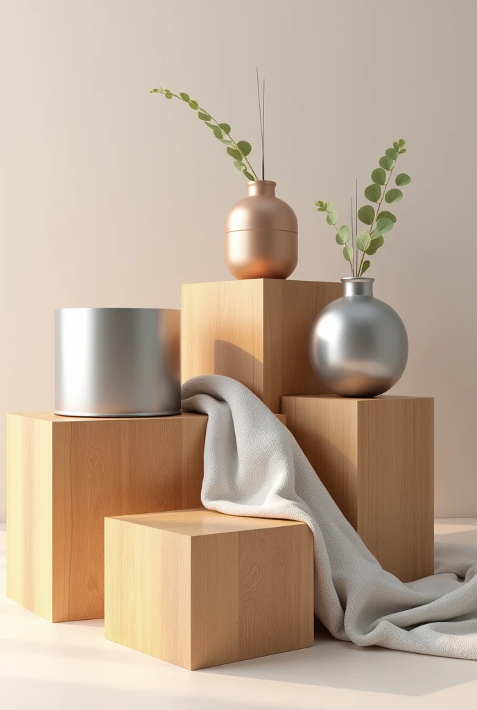 Make a 3 D composition with 3 wooden blocks and 3 metallic cylinders with a cloth. Render it with proper light shade and shadow. Sketch